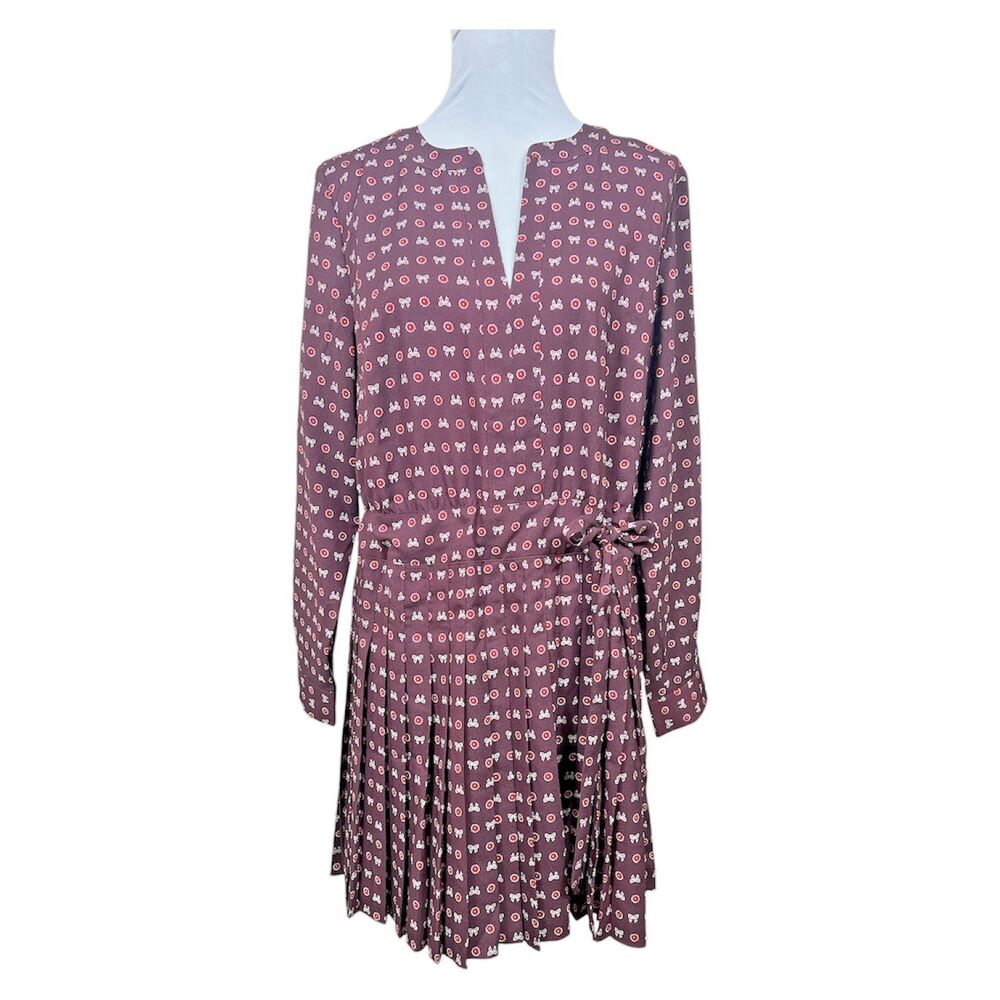 Loft Burgundy Pleated Dress With Tie Waist Faux Wrap front 12